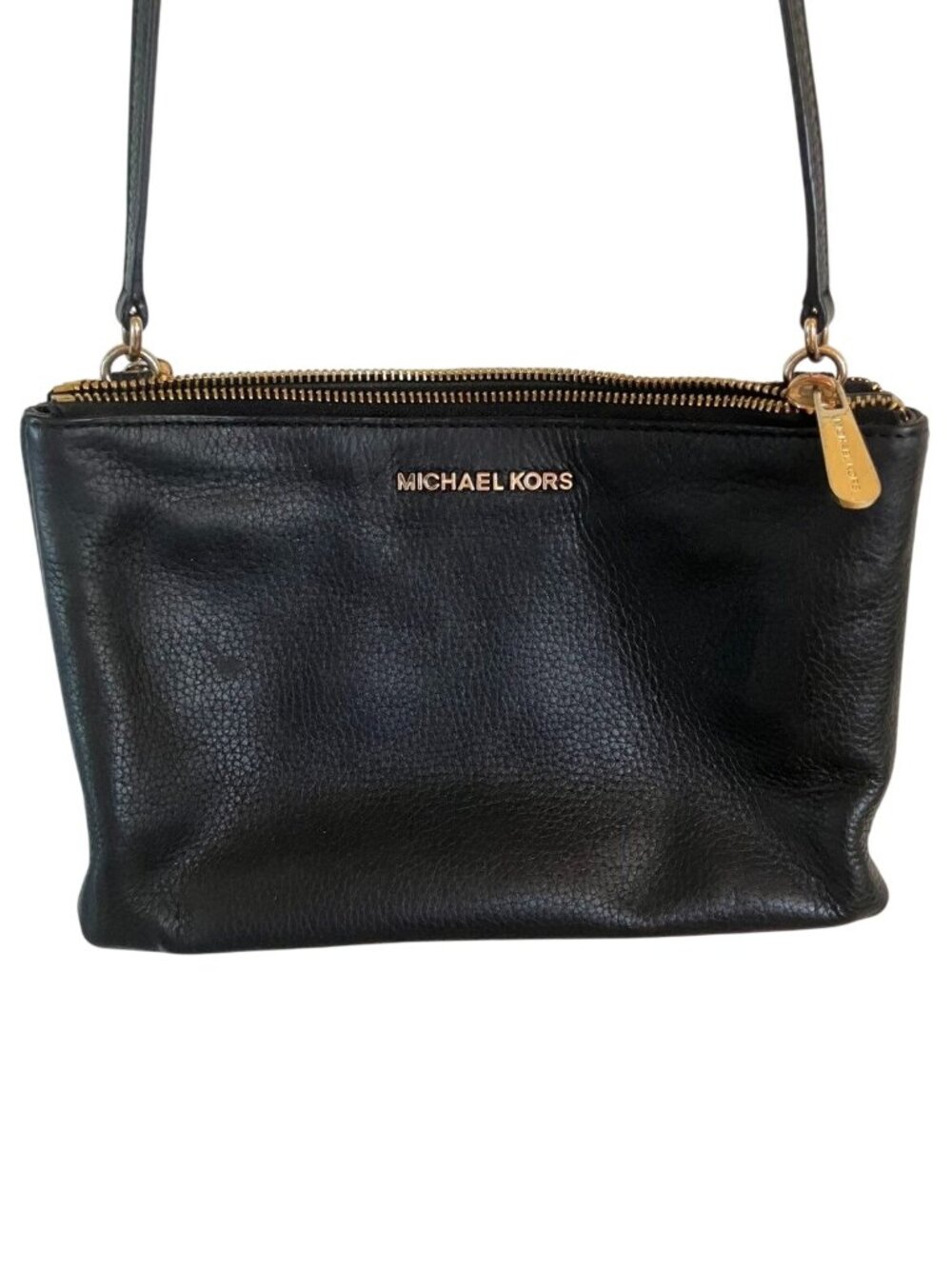 Michael Kors Black Leather Crossbody Bag Gold-Tone Zipper & Adjustable Strap